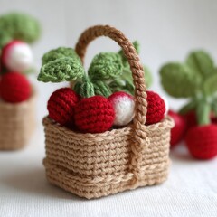 Obraz premium Handmade Crochet Radish Basket With Green Leaves and Red Round Vegetables on White Background