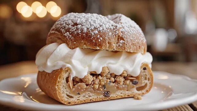 Traditional Scandinavian semla cream bun pastry filled with almond paste and topped with whipped cream, ideal for Nordic food culture, culinary travel, and European bakery commercial