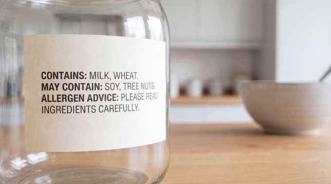 Food allergen warning label on a glass jar listing milk wheat soy tree nuts for packaging and consumer safety information