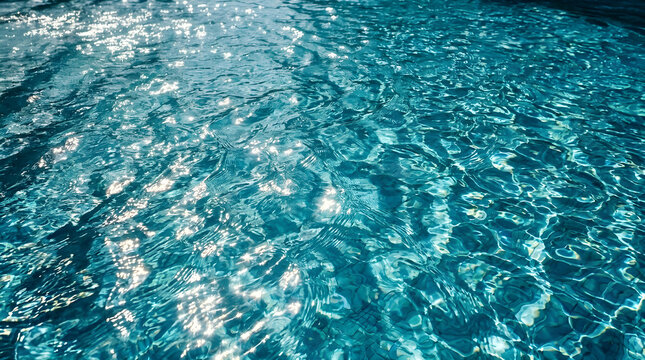 High-angle shot of sparkling turquoise swimming pool water with sunlight glinting off the rippled surface, creating a bright, refreshing pattern.