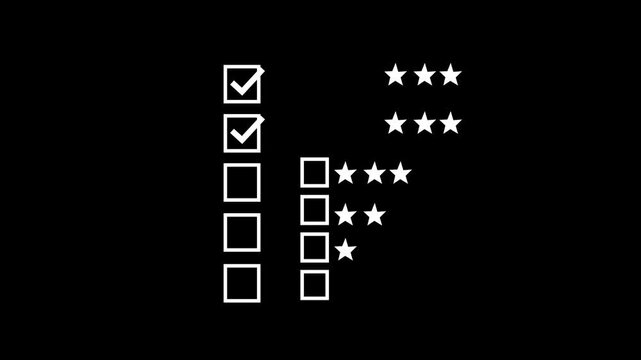 Minimalist checklist and star rating animation, interactive survey interface for customer feedback and performance review, white on black background.