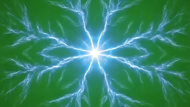 Abstract neuron network explosion with glowing blue electric energy pulses and radiant light core