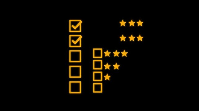 Digital checklist and star rating interface animation on black background, survey feedback stars.