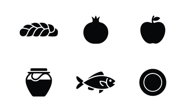 Jewish holiday food icons set with challah bread apple honey and pomegranate art.