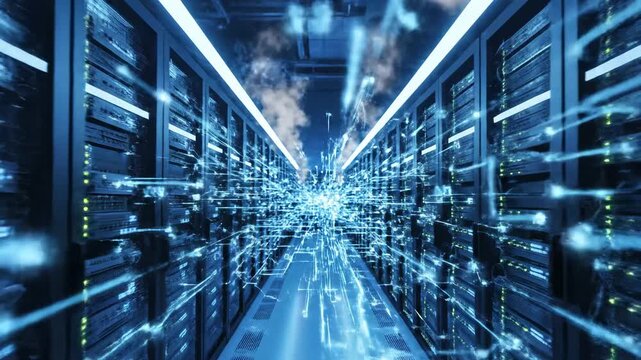 Innovative digital data streams flow rapidly through a futuristic server room filled with glowing blue server racks, representing advanced technology and information processing in a high-tech