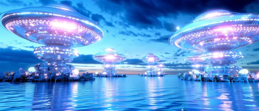 Floating glowing discs hover above calm water at dusk