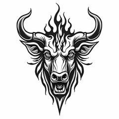 Obraz premium Stylized bull head with fiery horns and fierce expression in black and white vector illustration