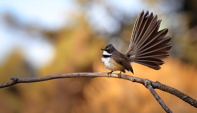 fantail bird perched on thin branch with fanned tail in nature