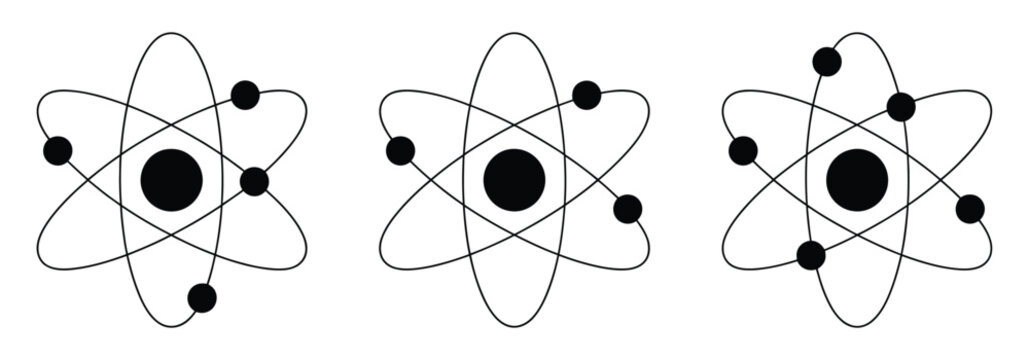 Atomic structure symbols representing scientific education, laboratory research, and nuclear energy concept illustration set