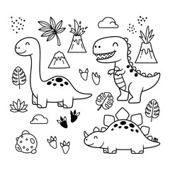 Dinosaur line drawing with tropical plants and mountains isolated on white © Vector Hub24