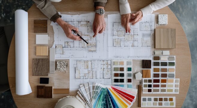 Hands point to architectural plans surrounded by material samples, color swatches