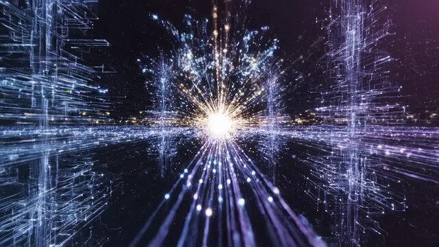 Abstract data streams converge and explode outwards from a central luminous core, creating a dazzling digital spectacle, representing the boundless nature of information and technological