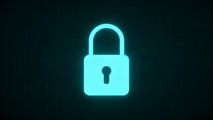 Fototapeta premium Glowing neon blue padlock digital icon isolated on dark grid background representing cybersecurity protection data.
