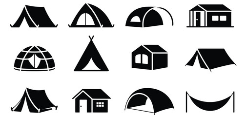 Set of black camping tent icons featuring various shelter styles including dome teepee cabin igloo hammock and outdoor tourist equipment silhouettes. © ALBART