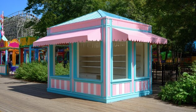 Pastel colored concession stand in a vibrant amusement park setting