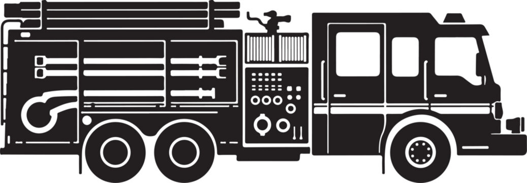 Fire truck, fire engine, emergency vehicle, black silhouette, vector illustration