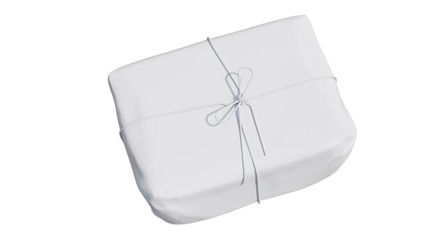3D render of rectangular white package wrapped in smooth paper and tied with thin string bow, isolated on transparent background, minimal clean gift or parcel design element. png