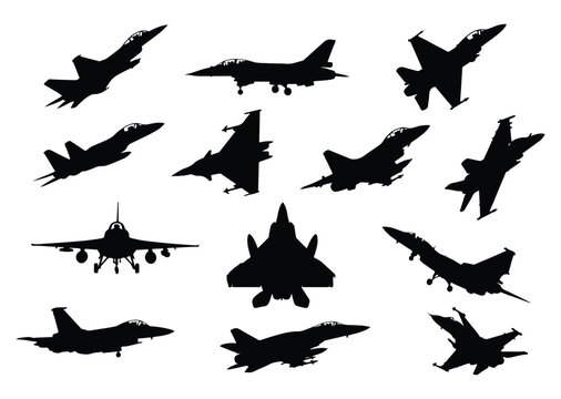 Modern Military Fighter Jet Silhouettes Collection with Combat Aircraft, Air Force Jets, Aviation Icons, and Tactical Warplane Designs