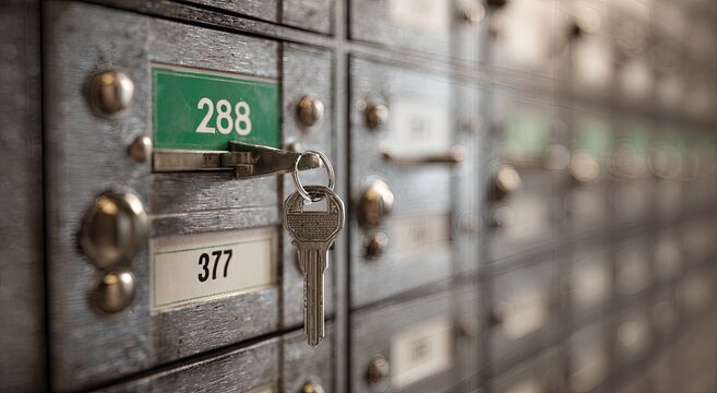 Metal bank deposit boxes, one unlocked with a key, numbered 288 and 377