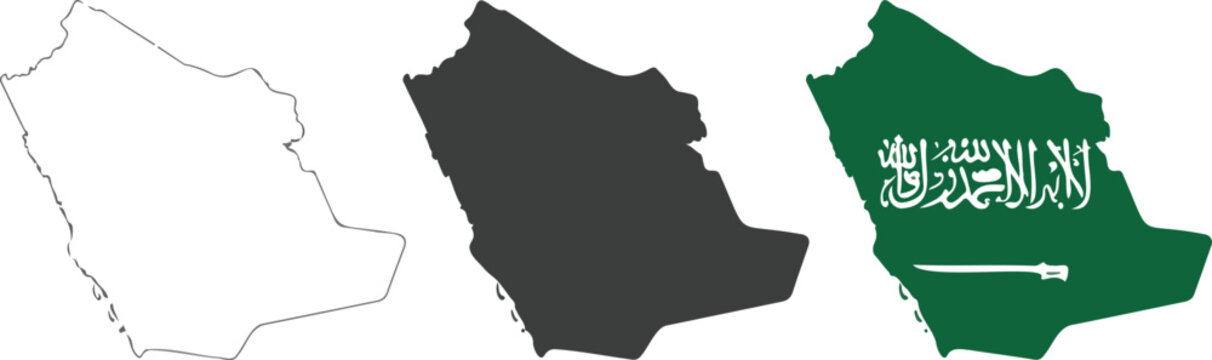 Saudi Arabia map set with outline silhouette and national flag design vector illustration for middle east geography and travel,