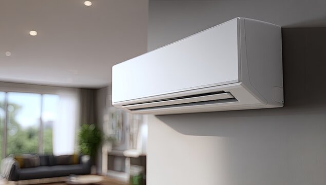 Modern White Air Conditioner Unit Mounted on a Wall in a Living Room.