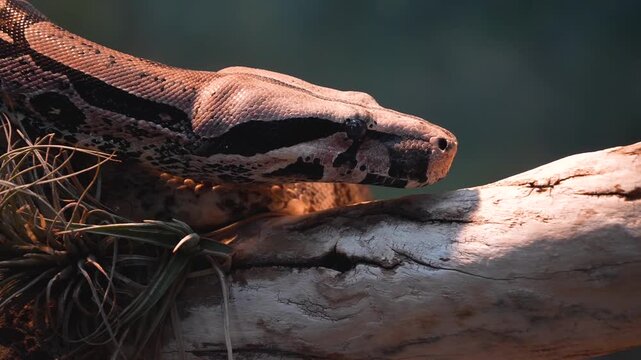 Close up of a python or Boa constrictor snake head slowly moving over rocks with the tongue coming out.