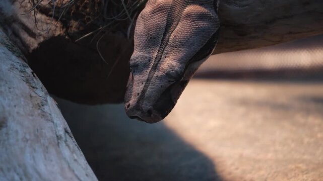 Close up of a python or Boa constrictor snake head slowly moving over rocks with the tongue coming out.