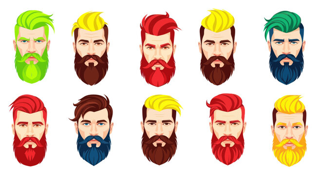 Diverse Collection of Bearded Men Faces with Colorful Hair and Beards