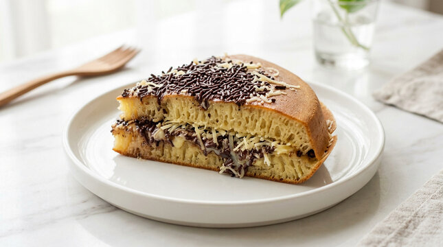 Slice of martabak manis terang bulan, fluffy Indonesian pancake filled with chocolate and grated cheese, topped with chocolate sprinkles, served on white plate.