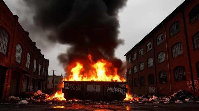Burning Dumpster Sending Thick Black Smoke Between Old Brick Buildings