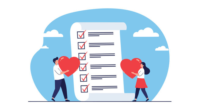 Couple holds heart symbols next to a giant survey checklist, illustrating romantic compatibility and the search for a perfect partner.