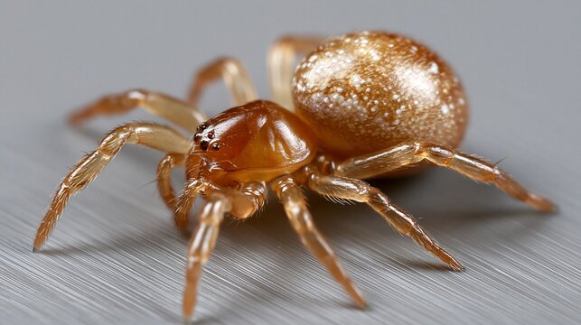 Nahaufnahme einer Argyronetidae-Wasserspinne mit goldbraunem K&ouml;rper auf hellem Untergrund.