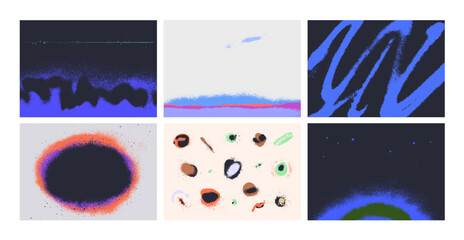 Naklejka premium Abstract texture backgrounds set in modern style. Blurry grainy brushstroke patterns, blur fluids, soft grain and glowing noise, random shapes. Creative backdrop designs. Flat vector illustrations