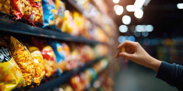 Shelves of colorful snack bags are blurred as a hand reaches out