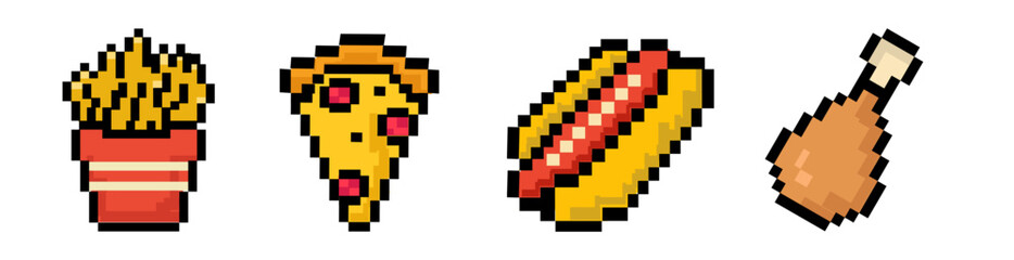 Fototapeta premium Banner Pixel Set Fast Food French Fries, Salami Pizza Slice, Hot Dog and Chicken wings Retro vector 8-Bit graphic design