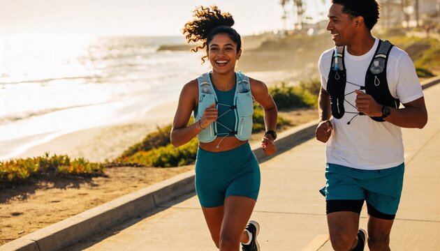 Young couple jogging along a coastal path during golden hour. Active man and woman exercising outdoors. Healthy lifestyle and fitness concept