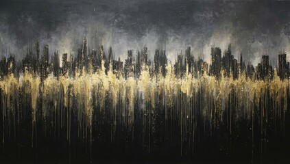 Obraz premium Abstract cityscape with shimmering golden drips against dark, stormy sky