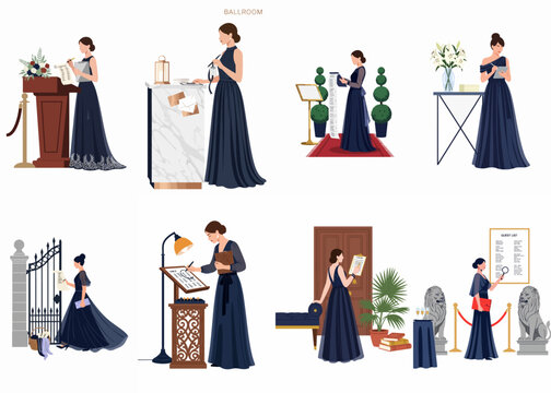 Collection of Elegant Event Planners and Hostesses in Navy Gowns Managing Luxury Ballroom Functions and Guest Lists Illustration