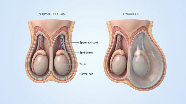 Scrotum Hydrocele Fluid Accumulation and Normal Testis Anatomy