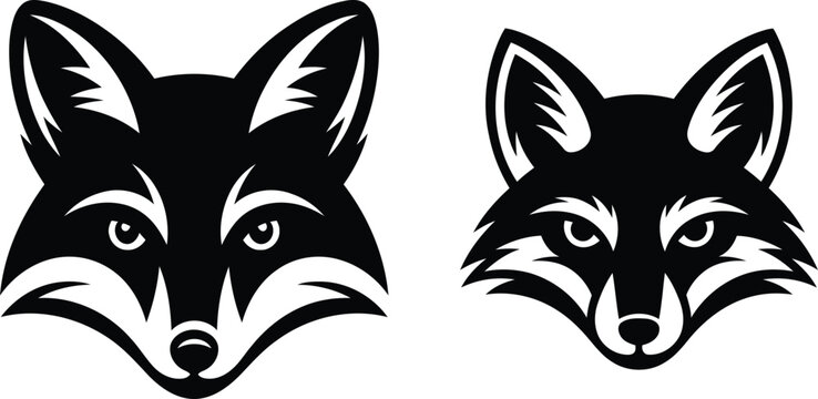 Dual fox head vector illustrations showing symmetrical facial features with sharp ears and intense focused gazes.