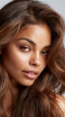 Naklejka premium Nahaufnahme des Gesichts einer jungen Frau mit natürlichem Make-up und braunen Augen vor hellem Hintergrund.