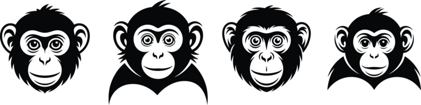 Group of four stylized black monkey faces with expressive eyes and smiles on transparent background.