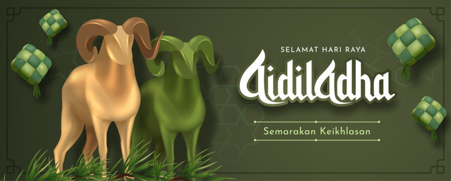 Eid al Adha Mubarak Banner with 3D Style Golden Goat and Ketupat Decoration over Green Background