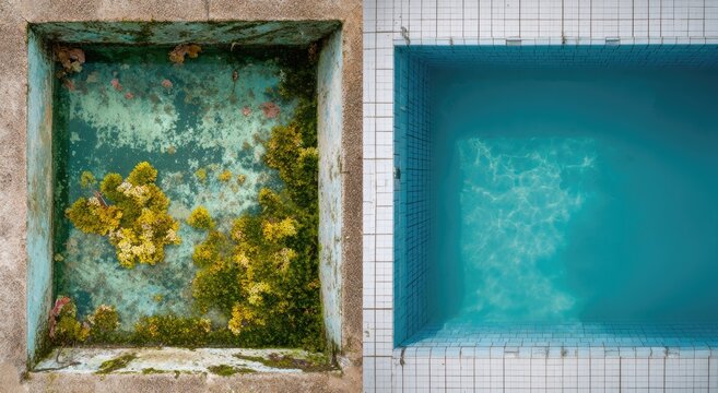 Juxtaposed pools one overgrown and neglected, the other pristine and inviting