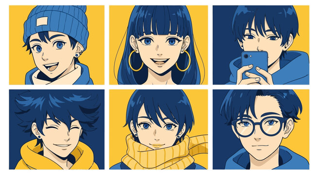 Anime style character portraits displaying various expressions and actions