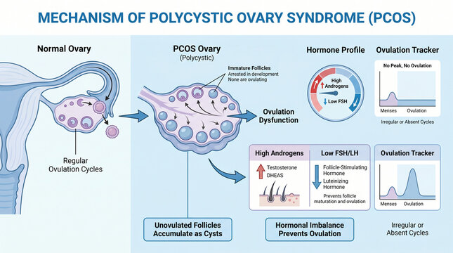 Polycystic Ovary Syndrome PCOS Mechanism and Hormone Imbalance Diagram