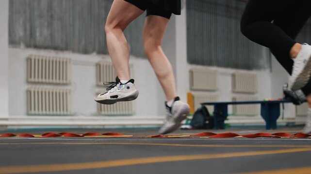Lowangle court feet powering badminton ladder sprint, two athletes performing explosive hops and quick sprints across agility ladder, dynamic motion, gym lights, footwear impact and raw intensity