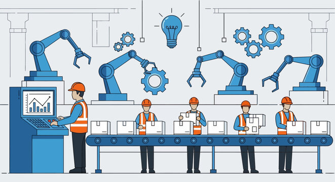 Automated factory production line with workers and robotic arms illustration