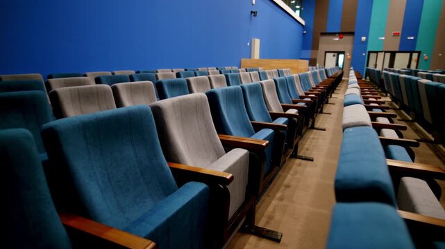 Symmetrical lines of plush seats face forward in modern movie theater. Quiet atmosphere and dim lighting create professional cinema setting