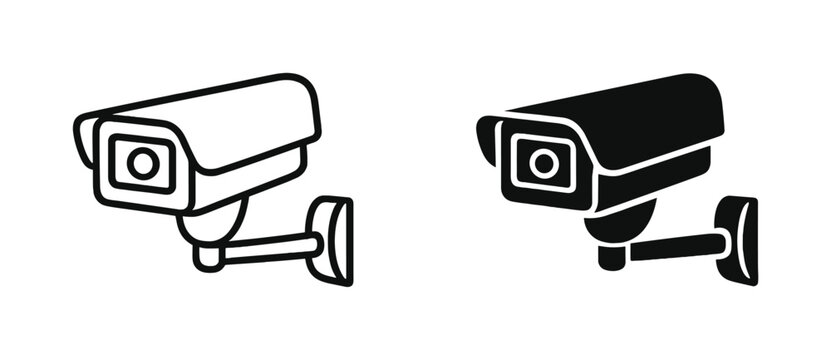 Security camera surveillance icon set, outline and silhouette CCTV monitoring symbols isolated on transparent background